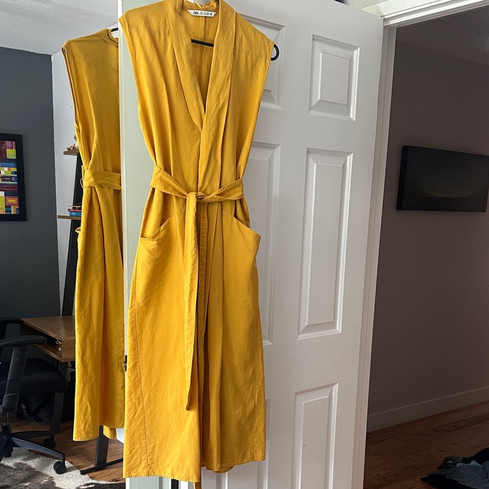 Zara Golden Yellow Belted Midi Dress